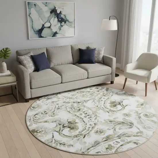 8' Brown And Ivory Paisley Washable Round Rug With UV Protection Photo 2