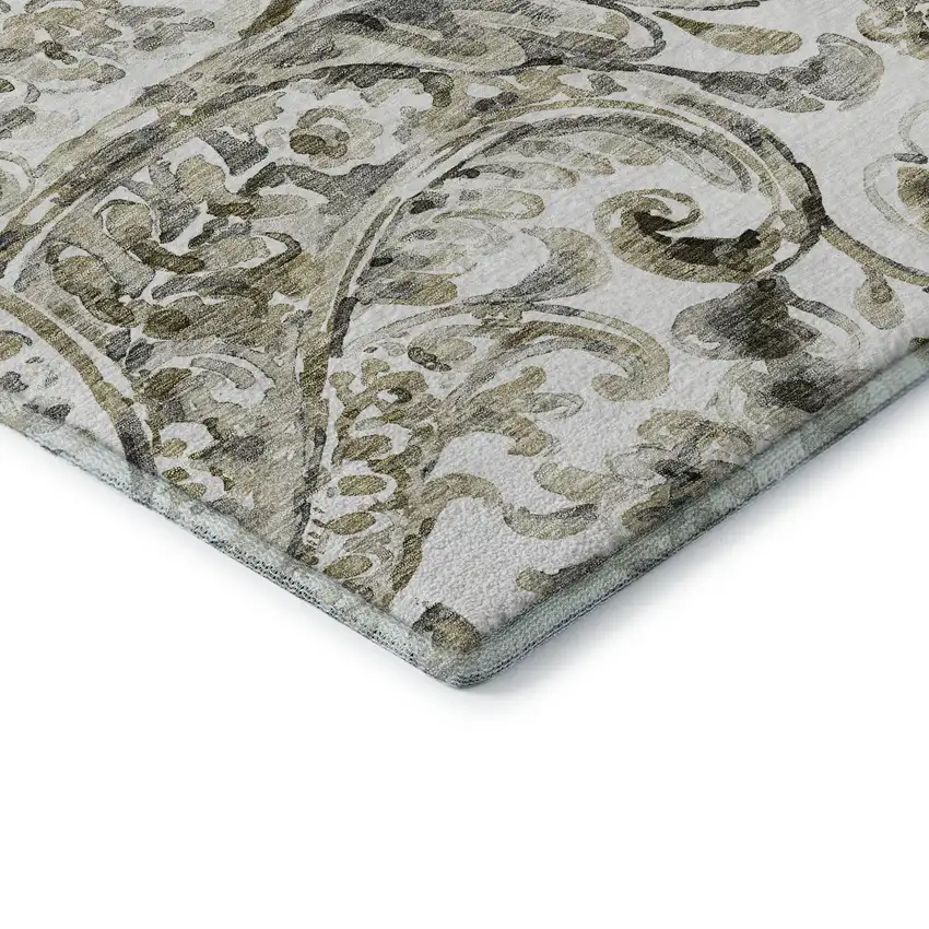 8' Brown And Ivory Paisley Washable Round Rug With UV Protection Photo 7