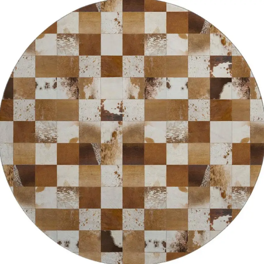 8' Brown And Ivory Patchwork Washable Round Rug With UV Protection Photo 4