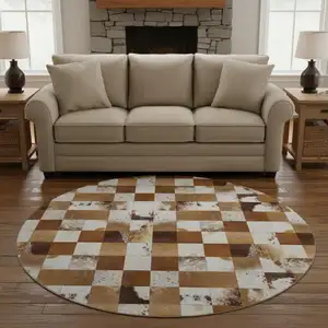 Photo of 8' Brown And Ivory Patchwork Washable Round Rug With UV Protection
