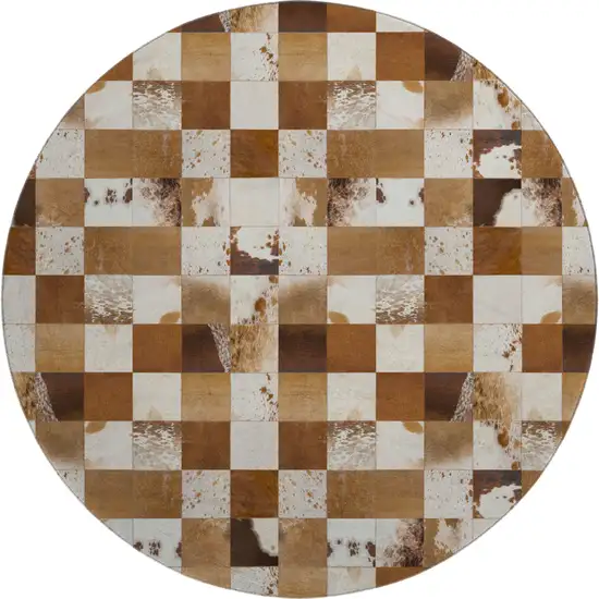 8' Brown And Ivory Patchwork Washable Round Rug With UV Protection Photo 2