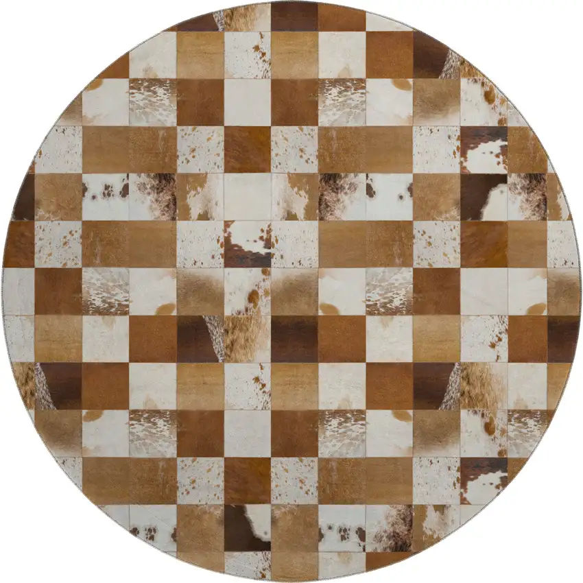 8' Brown And Ivory Patchwork Washable Round Rug With UV Protection Photo 2