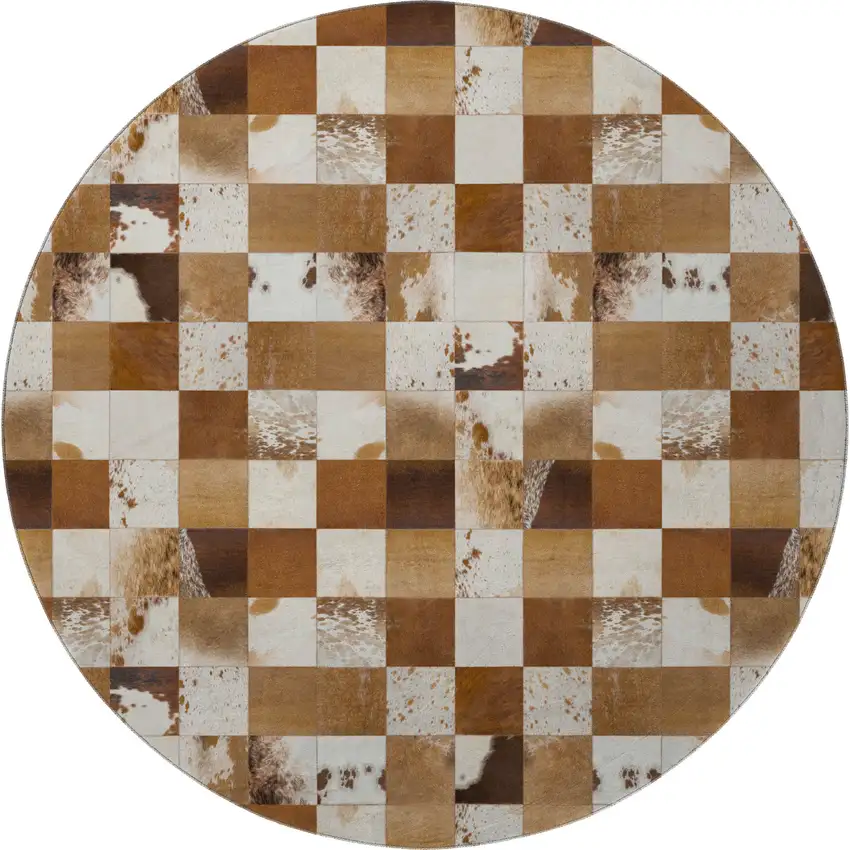8' Brown And Ivory Patchwork Washable Round Rug With UV Protection Photo 5