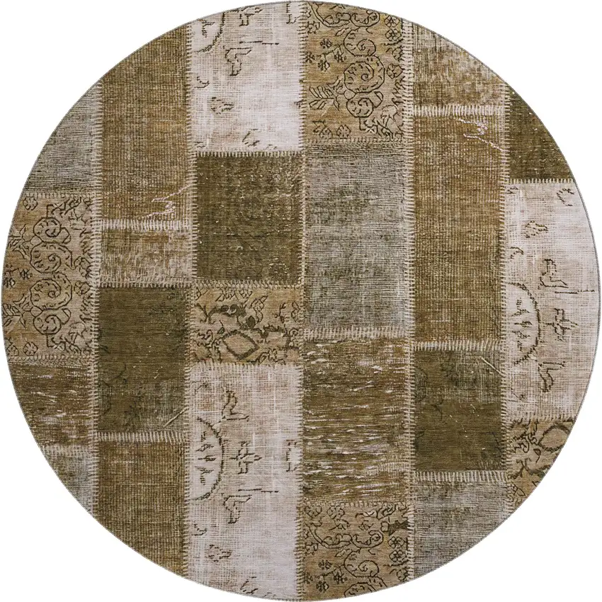 8' Brown And Ivory Patchwork Washable Round Rug With UV Protection Photo 1