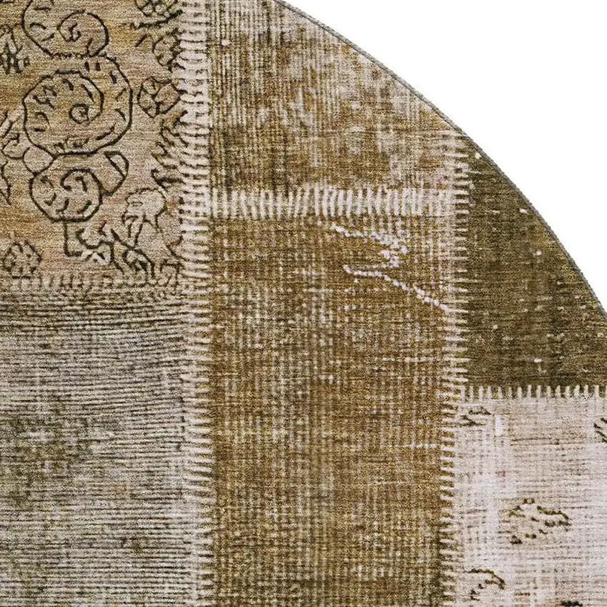 8' Brown And Ivory Patchwork Washable Round Rug With UV Protection Photo 3