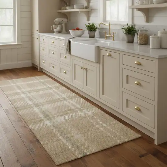 8' Brown And Ivory Plaid Runner Rug Photo 1