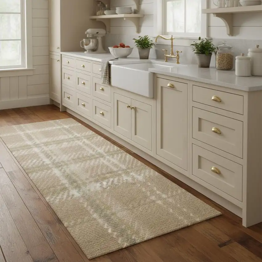 8' Brown And Ivory Plaid Runner Rug Photo 1