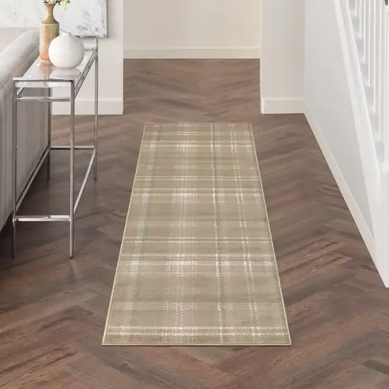 8' Brown And Ivory Plaid Runner Rug Photo 5