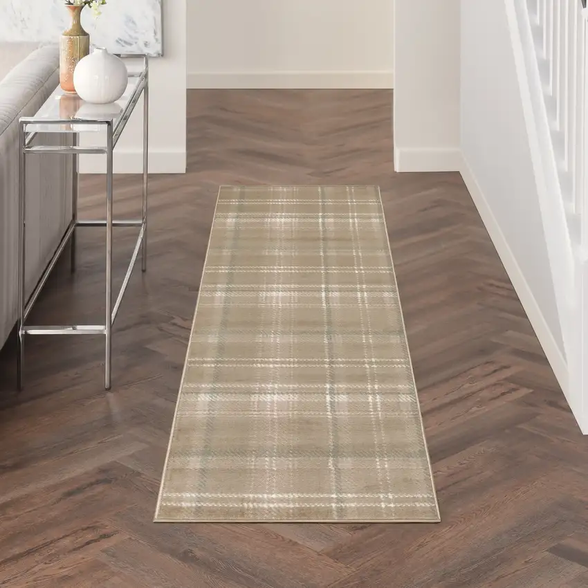 8' Brown And Ivory Plaid Runner Rug Photo 5