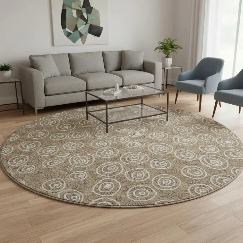8' Brown And Ivory Polka Dot Washable Round Rug With UV Protection Photo 2