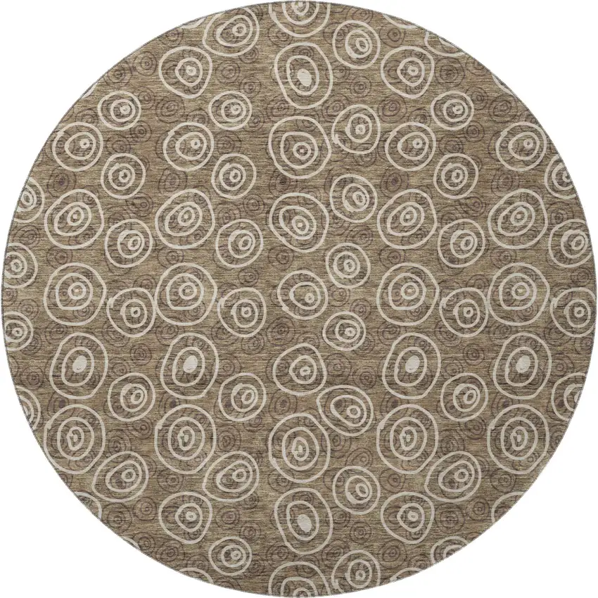 8' Brown And Ivory Polka Dot Washable Round Rug With UV Protection Photo 4