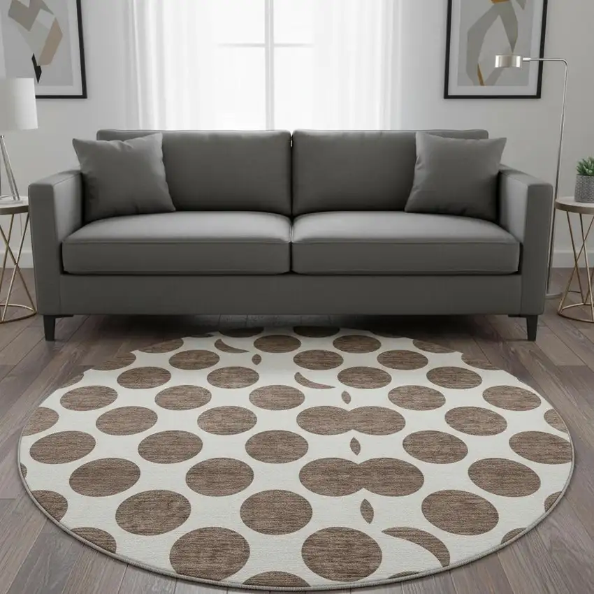 8' Brown And Ivory Polka Dot Washable Round Rug With UV Protection Photo 2