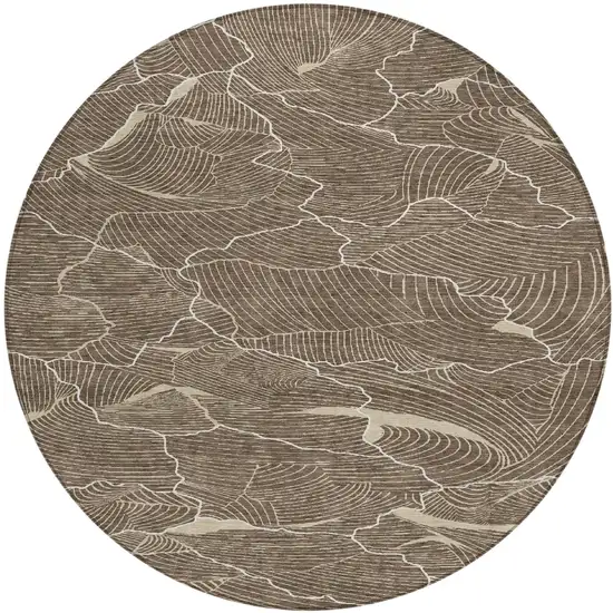 8' Brown And Ivory Round Abstract Washable Indoor Outdoor Area Rug Photo 2