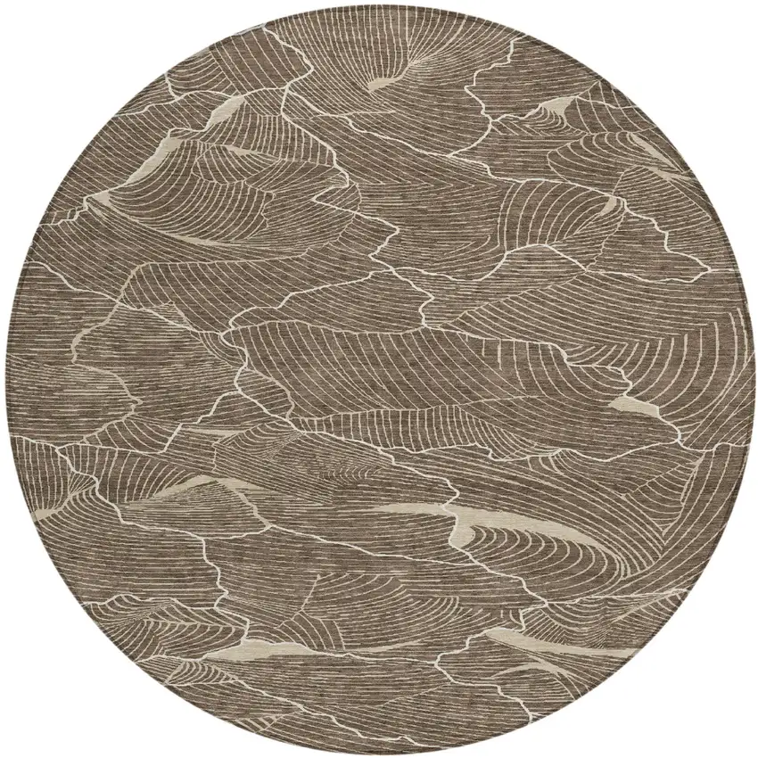 8' Brown And Ivory Round Abstract Washable Indoor Outdoor Area Rug Photo 2