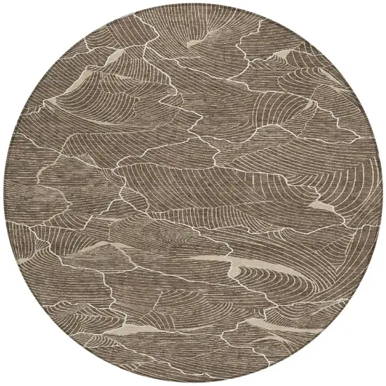 8' Brown And Ivory Round Abstract Washable Indoor Outdoor Area Rug Photo 6