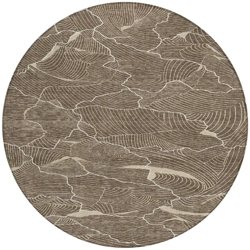 8' Brown And Ivory Round Abstract Washable Indoor Outdoor Area Rug Photo 6