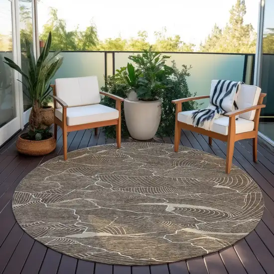 8' Brown And Ivory Round Abstract Washable Indoor Outdoor Area Rug Photo 7