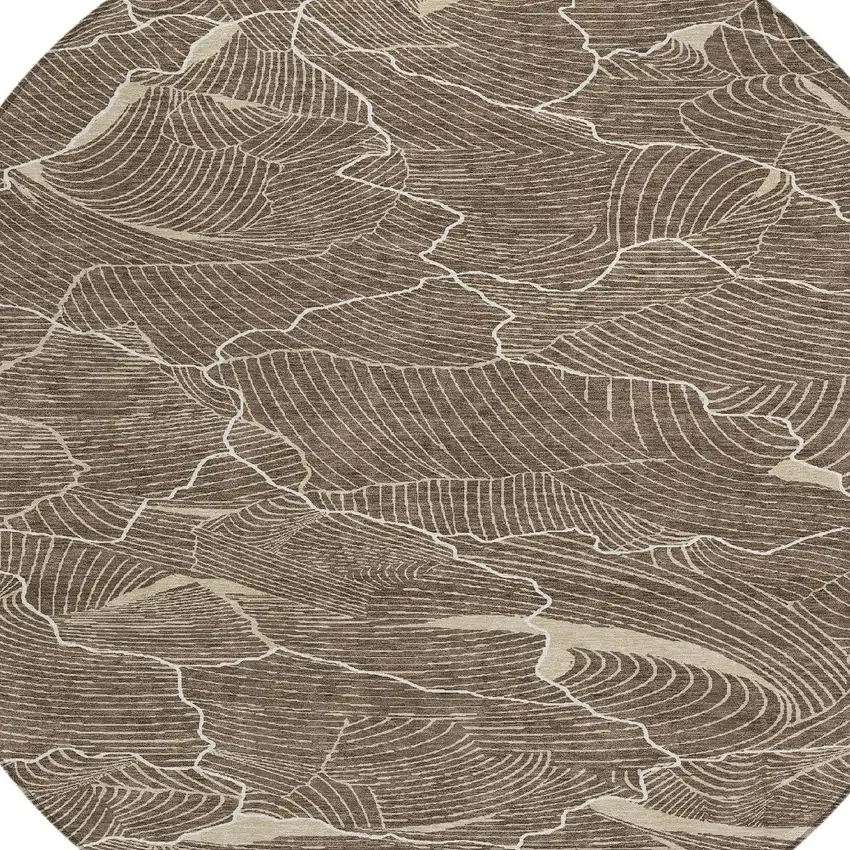 8' Brown And Ivory Round Abstract Washable Indoor Outdoor Area Rug Photo 5