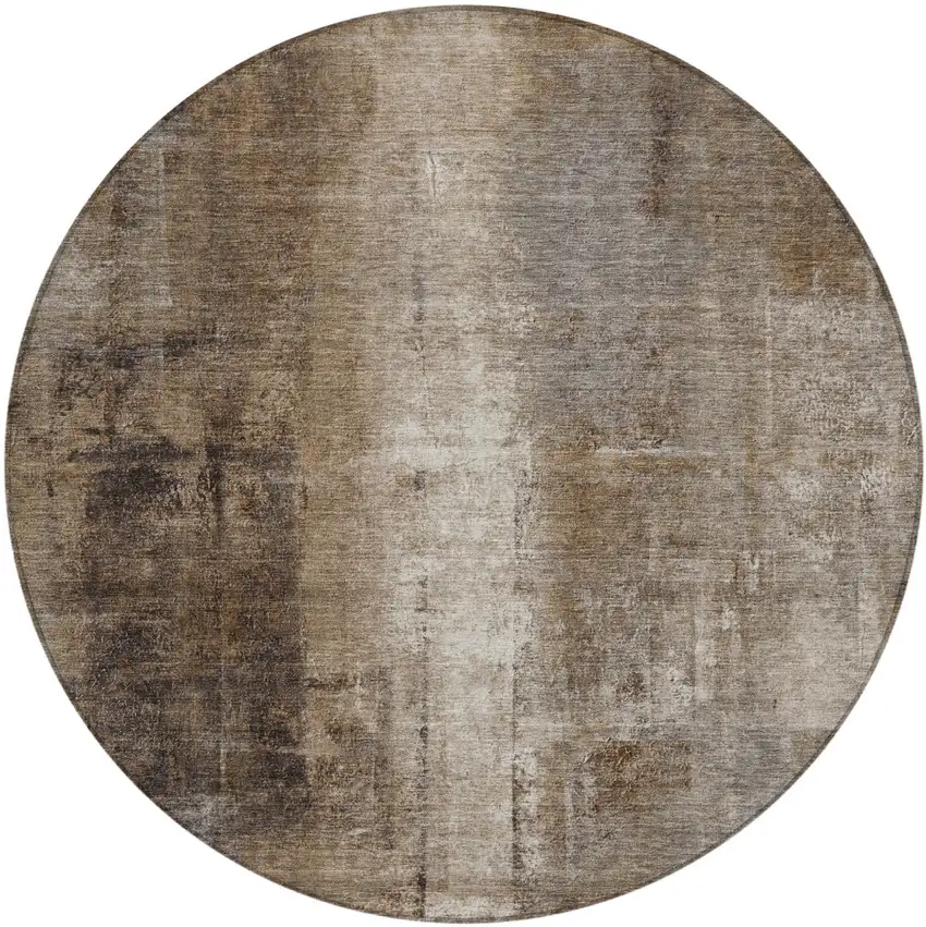 8' Brown And Ivory Round Abstract Washable Indoor Outdoor Area Rug Photo 1