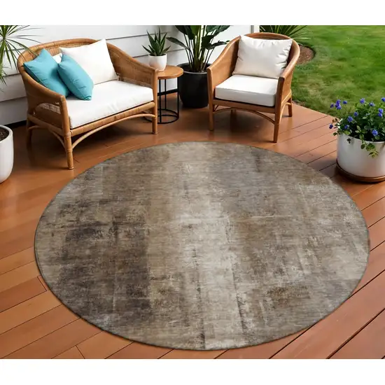 8' Brown And Ivory Round Abstract Washable Indoor Outdoor Area Rug Photo 2