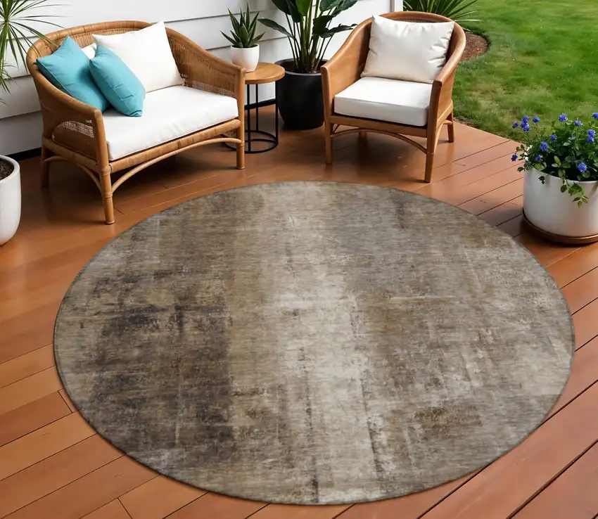 8' Brown And Ivory Round Abstract Washable Indoor Outdoor Area Rug Photo 2
