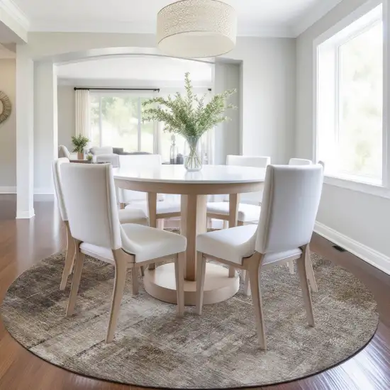 8' Brown And Ivory Round Abstract Washable Indoor Outdoor Area Rug Photo 6