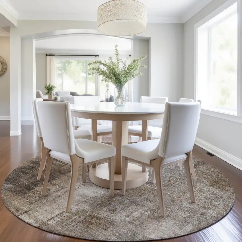 8' Brown And Ivory Round Abstract Washable Indoor Outdoor Area Rug Photo 6