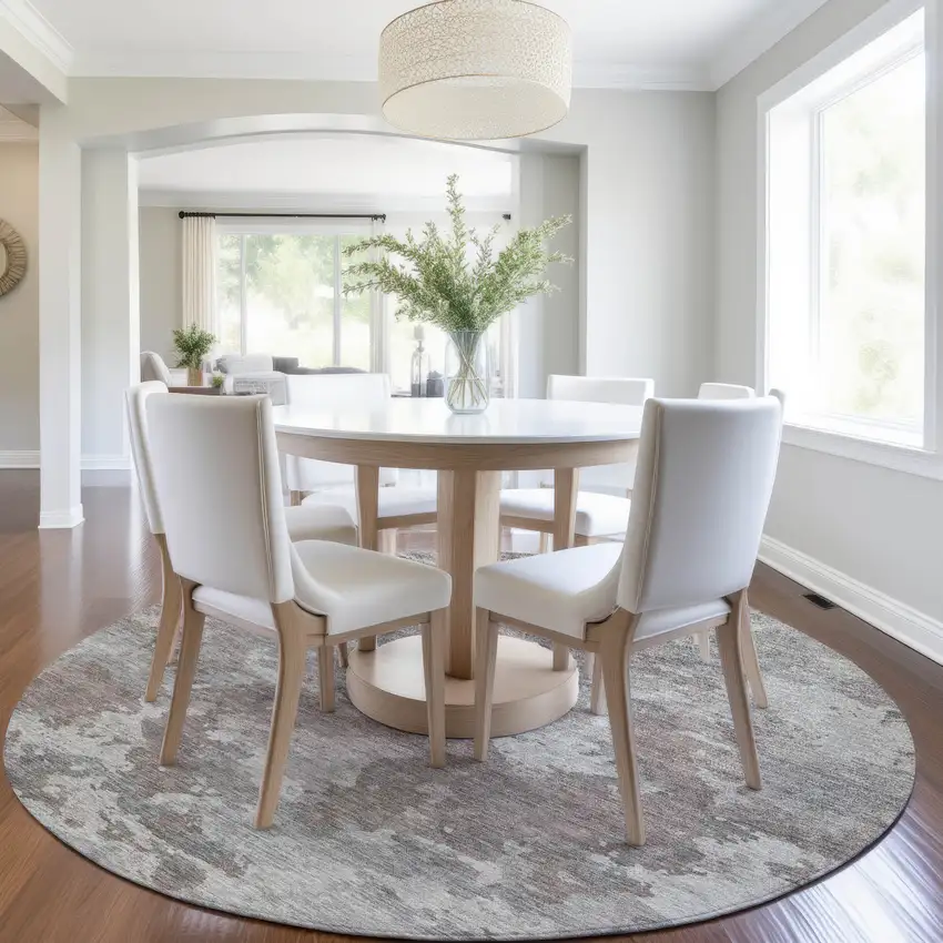 8' Brown And Ivory Round Abstract Washable Indoor Outdoor Area Rug Photo 6