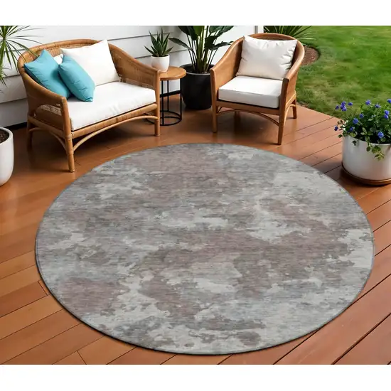 8' Brown And Ivory Round Abstract Washable Indoor Outdoor Area Rug Photo 2