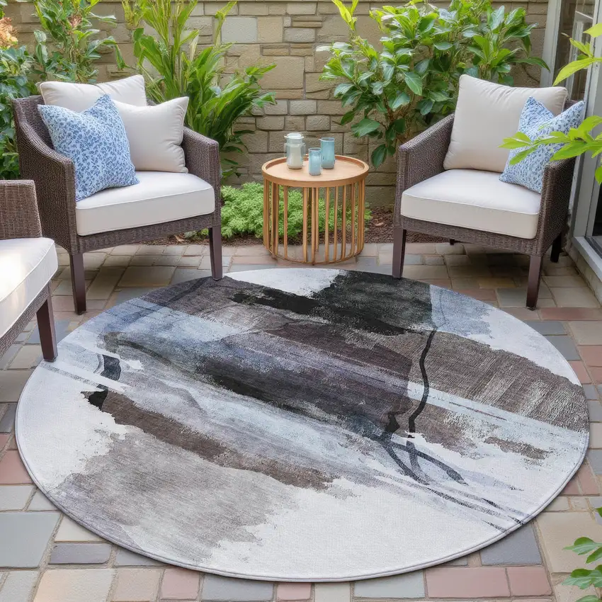 8' Brown And Ivory Round Abstract Washable Indoor Outdoor Area Rug Photo 5