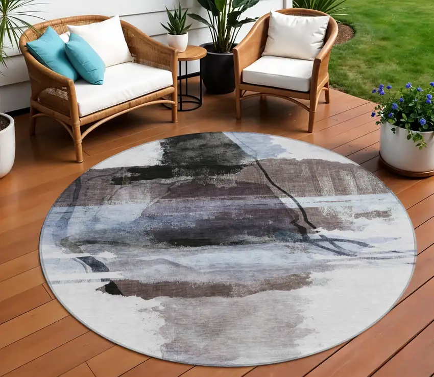 8' Brown And Ivory Round Abstract Washable Indoor Outdoor Area Rug Photo 2