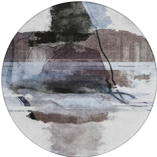 8' Brown And Ivory Round Abstract Washable Indoor Outdoor Area Rug Photo 7