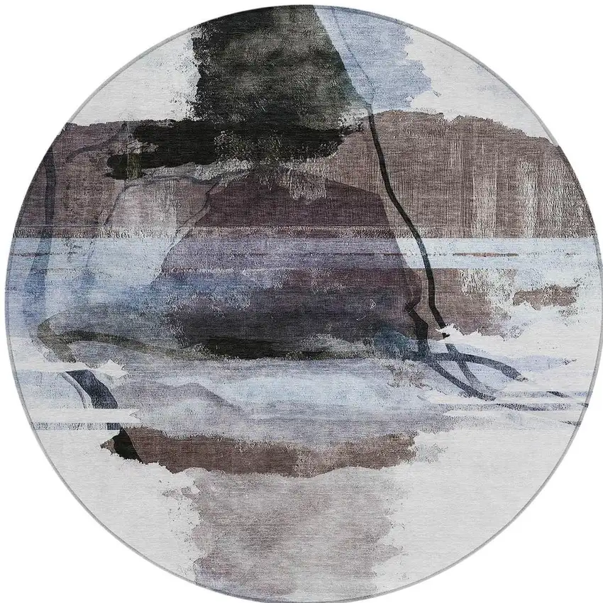 8' Brown And Ivory Round Abstract Washable Indoor Outdoor Area Rug Photo 7