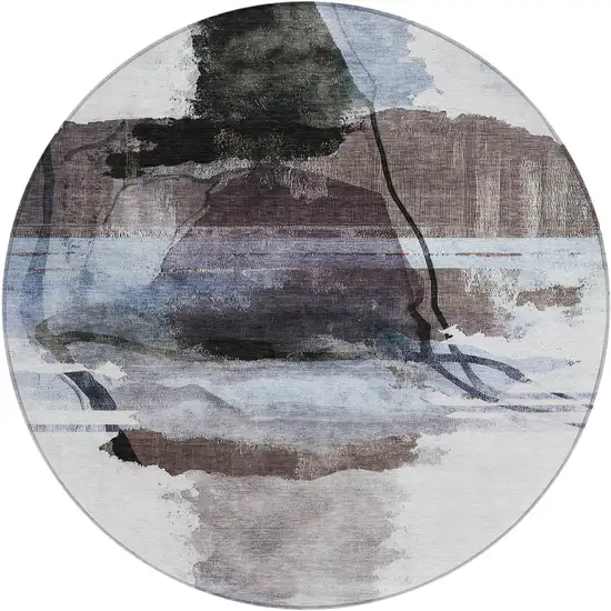 8' Brown And Ivory Round Abstract Washable Indoor Outdoor Area Rug Photo 1