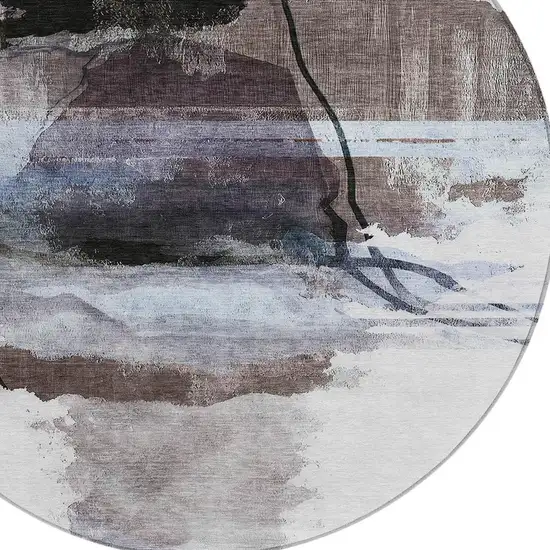 8' Brown And Ivory Round Abstract Washable Indoor Outdoor Area Rug Photo 3