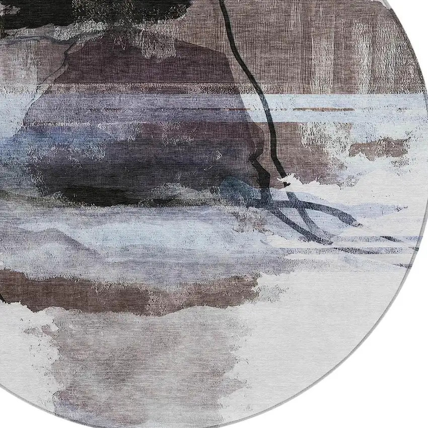 8' Brown And Ivory Round Abstract Washable Indoor Outdoor Area Rug Photo 3