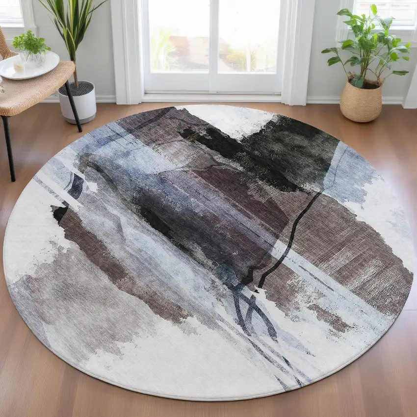 8' Brown And Ivory Round Abstract Washable Indoor Outdoor Area Rug Photo 6