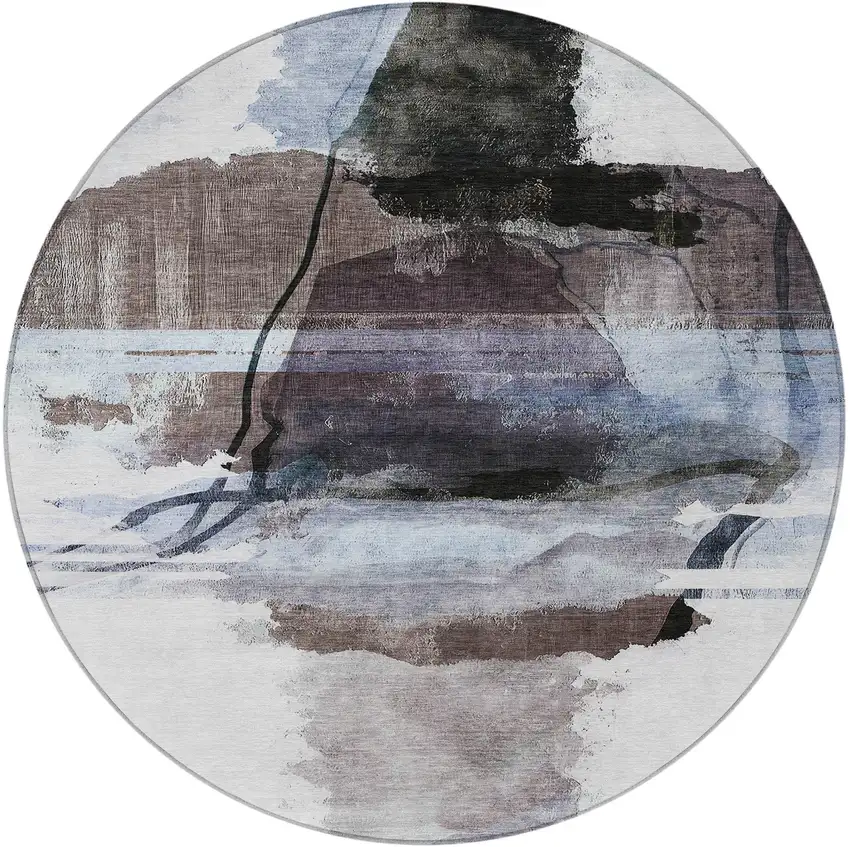 8' Brown And Ivory Round Abstract Washable Indoor Outdoor Area Rug Photo 4