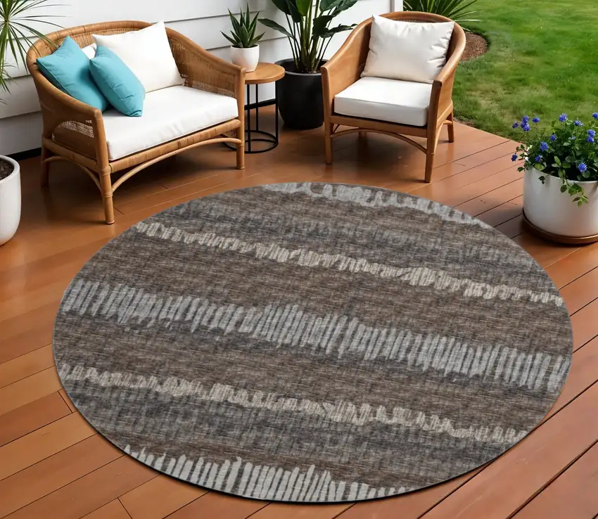 8' Brown And Ivory Round Abstract Washable Indoor Outdoor Area Rug Photo 1