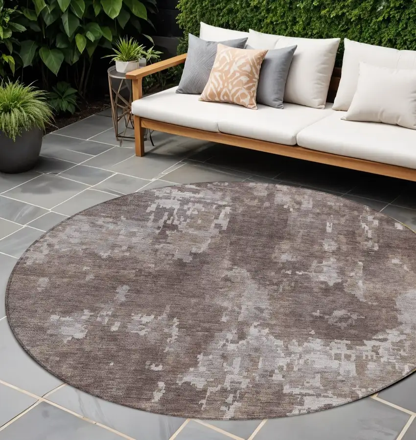 8' Brown And Ivory Round Abstract Washable Indoor Outdoor Area Rug Photo 1