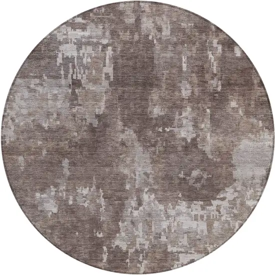 8' Brown And Ivory Round Abstract Washable Indoor Outdoor Area Rug Photo 1