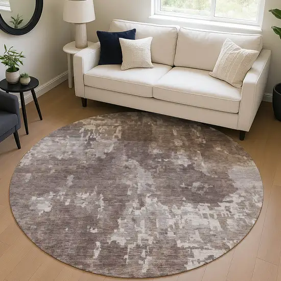 8' Brown And Ivory Round Abstract Washable Indoor Outdoor Area Rug Photo 5