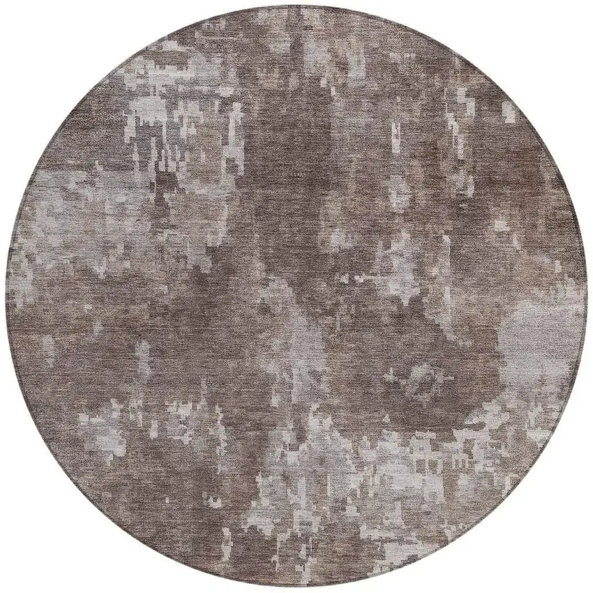 8' Brown And Ivory Round Abstract Washable Indoor Outdoor Area Rug Photo 3