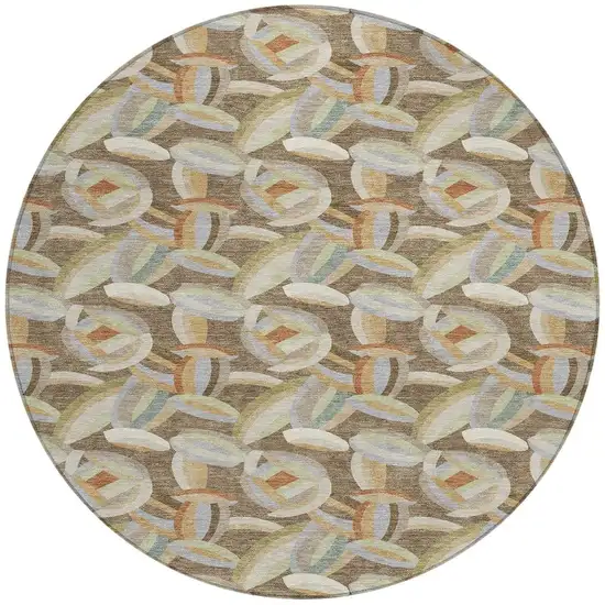 8' Brown And Ivory Round Abstract Washable Indoor Outdoor Area Rug Photo 3