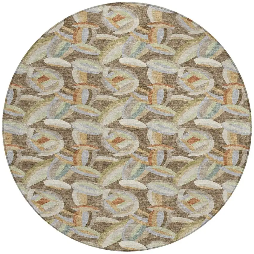 8' Brown And Ivory Round Abstract Washable Indoor Outdoor Area Rug Photo 3