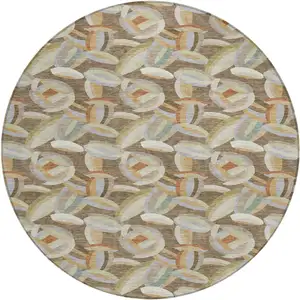 Photo of 8' Brown And Ivory Round Abstract Washable Indoor Outdoor Area Rug