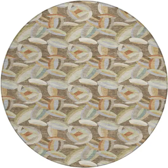 8' Brown And Ivory Round Abstract Washable Indoor Outdoor Area Rug Photo 1