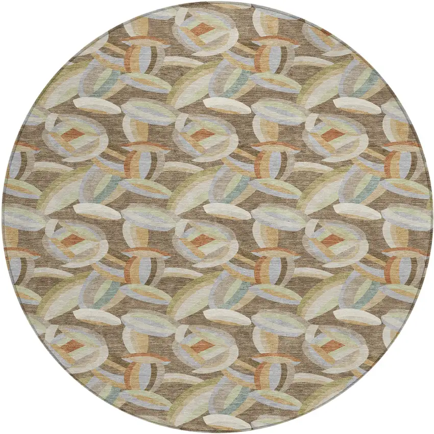8' Brown And Ivory Round Abstract Washable Indoor Outdoor Area Rug Photo 1