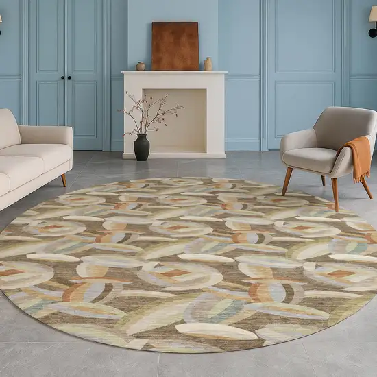8' Brown And Ivory Round Abstract Washable Indoor Outdoor Area Rug Photo 5