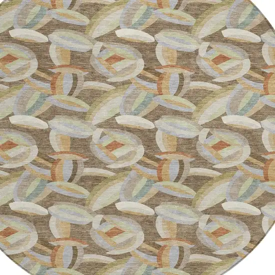 8' Brown And Ivory Round Abstract Washable Indoor Outdoor Area Rug Photo 2